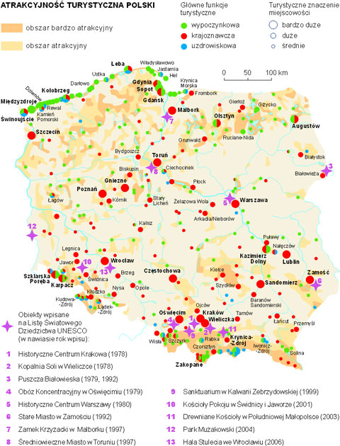 atrakcyjno turystyczna Polski znaczenie funkcja wypoczynkowa krajoznawcza uzdrowiskowa mapa