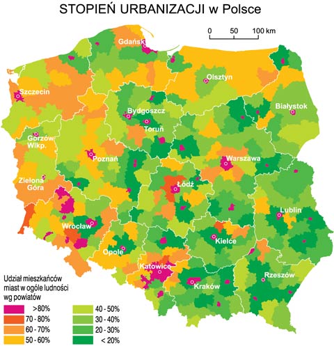 stopie urbanizacji w polsce mapa ludno miejska wiejska