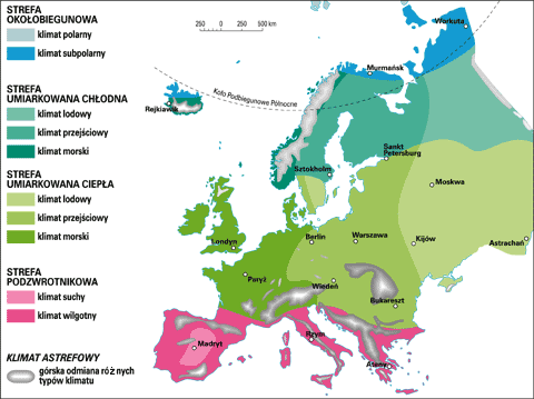 Europa – strefy klimatyczne i typy klimatu mapa